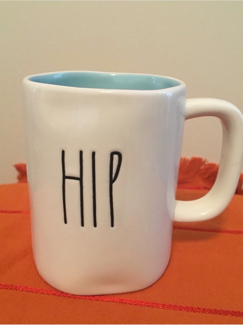 Rae Dunn White Ceramic 'HIP' Mug with Light Blue Interior